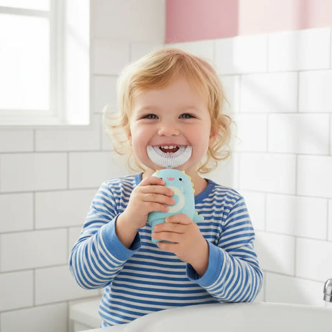 Cepillo eléctrico infantil azul claro en forma de dinosaurio con cerdas suaves y diseño amigable para dientes sanos