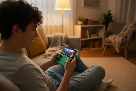 Consola portátil retro verde con pantalla vibrante y 500 juegos clásicos incluidos para uso recreativo