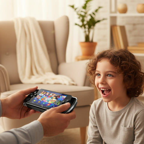 Adulto regalando consola portátil retro X6 a un niño, regalo de juegos retro