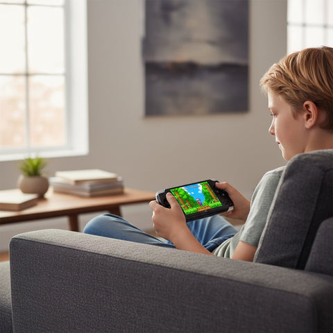 Niño jugando en el sofá con la consola portátil retro X6 de juegos clásicos
