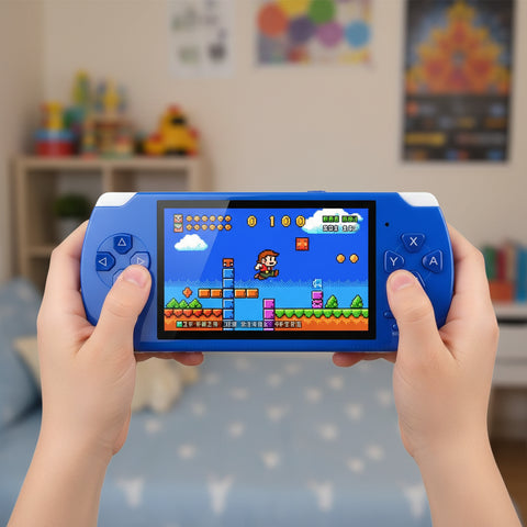 Manos de niño sujetando consola portátil retro X6 con 1500 juegos clásicos