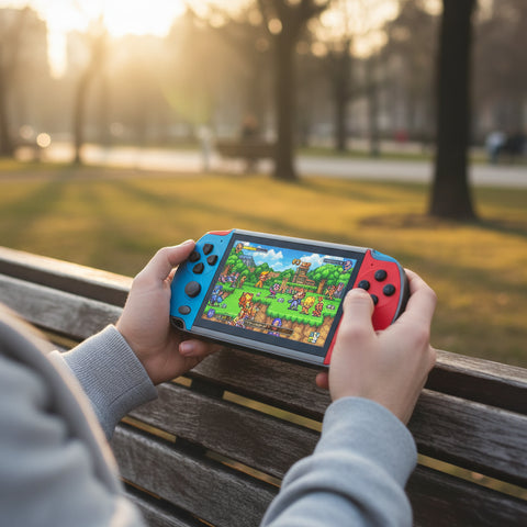 Consola retro portátil X7 con pantalla HD 4.3’’ mostrando juegos clásicos en un solo dispositivo