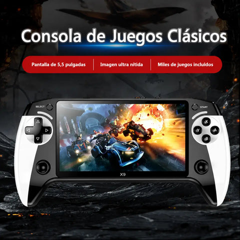 Consola retro portátil X9 blanca y negra con pantalla HD 5,5 pulgadas para juegos retro con batería recargable cualquier lugar
