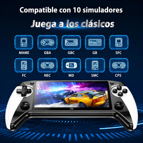 Consola retro portátil x9 blanca y negra con pantalla hd 5,5” y batería recargable para jugar juegos retro en cualquier lugar