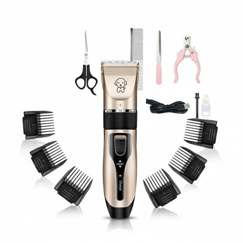 Imagen de cortapelos recargable para perros y gatos en oro y negro con accesorios