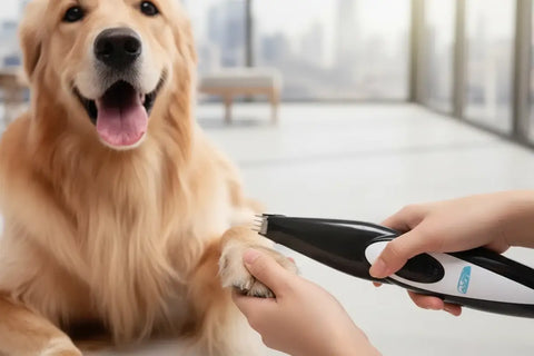 Cortauñas eléctrico para mascotas nervioso en uso en pata de Golden Retriever