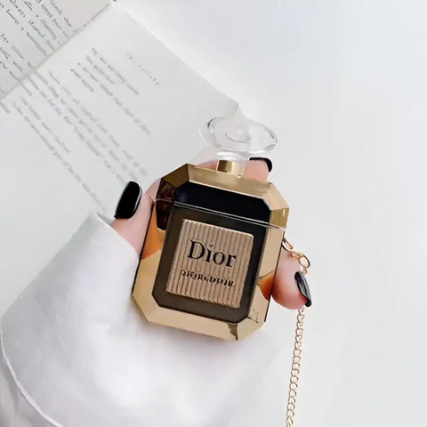 Estuche de perfume Dior negro y dorado con cadena para AirPods