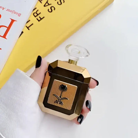 Estuche perfume botella oro negro diseño palma para Apple AirPods