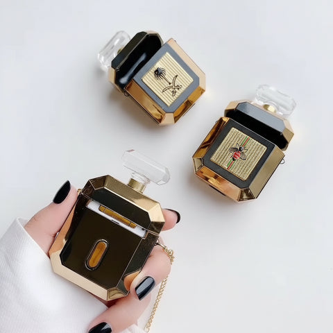Estuche de botella de perfume dorado y negro con cadena para AirPods