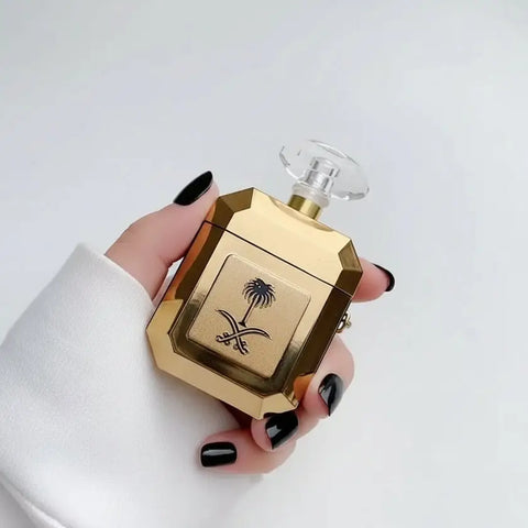 Funda AirPods estilo perfume con frasco dorado de bandera saudí