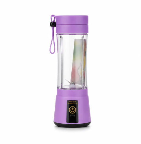 Exprimidor eléctrico portátil morado con vaso de vidrio claro y base negra ideal para frutas blandas y electrónica inteligente
