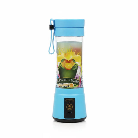 Exprimidor eléctrico portátil azul claro con cuerpo transparente y gráfico de frutas blandas para batidos y zumos rápidos recargable usb
