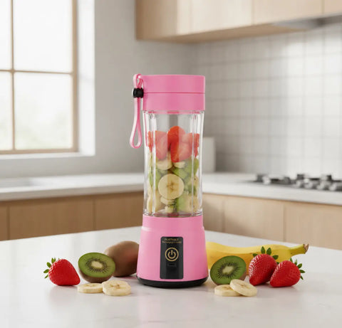Exprimidor eléctrico portátil rosa con recipiente de vidrio transparente lleno de frutas blandas para batidos y zumos en segundos con iluminación y recarga usb