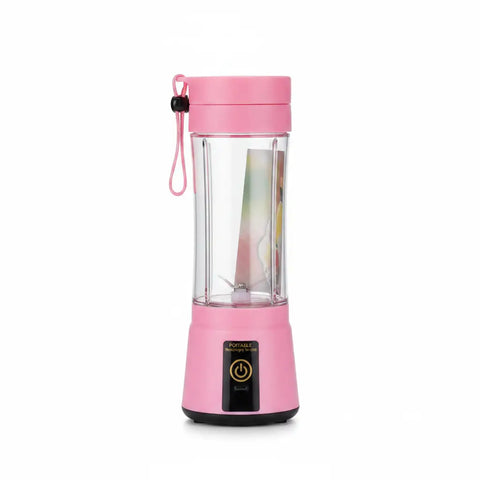 Exprimidor eléctrico portátil rosa con vaso de vidrio claro y base negra para frutas blandas y electrónica recargable usb
