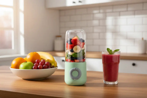 Batidora portátil en varios colores sobre encimera de cocina junto a frutas y vasos