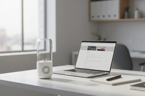 Exprimidor eléctrico portátil blanco con jarra de vidrio transparente sobre escritorio, junto a portátil abierto, libreta y bolígrafo en oficina luminosa