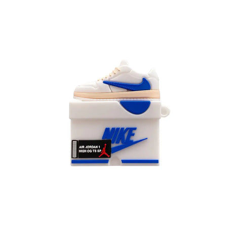 Imagen de una funda de zapatilla blanca y azul para tus Apple AirPods Pro