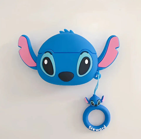 Funda protectora de Stitch 3D en silicona azul para AirPods Pro con orejas rosas y ojos negros