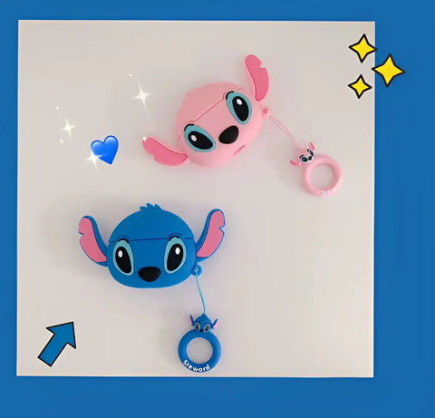 Funda protectora de silicona 3D Stitch para AirPods Pro con anillo rosa y azul