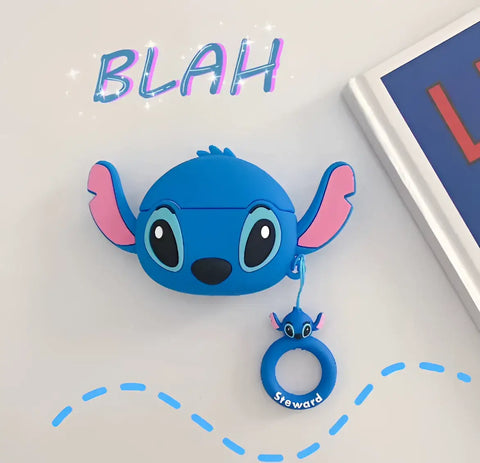 Funda protectora de Stitch 3D en silicona azul con orejas y cola rosa para AirPods Pro