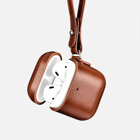 Funda de cuero ICARER para AirPods con lanyard y carga inalámbrica