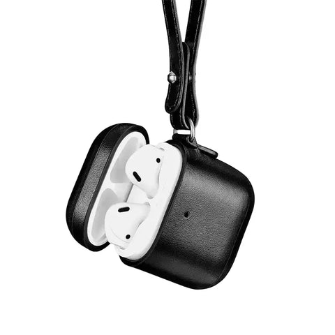 Funda de cuero ICARER para AirPods con lanyard negro y carga inalámbrica