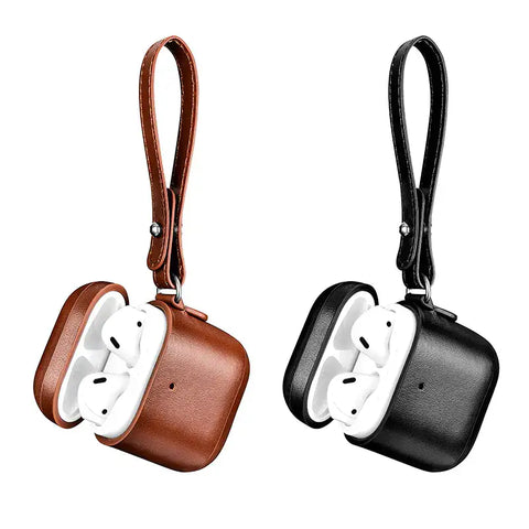 Funda de cuero ICARER para AirPods en marrón con correa de muñeca