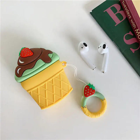 Funda de auriculares Bluetooth en forma de helado con charm de fresa, perfecta para electronica y audio