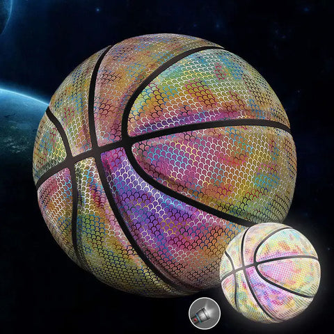 Balón de baloncesto holográfico glow con patrón iridiscente y diseño arcoíris para iluminar el court electronica