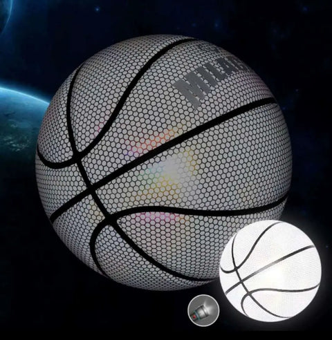 Balón de baloncesto blanco con textura de malla hexagonal y el nombre milan en gris para iluminación en la cancha