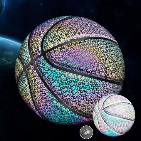 Balón de baloncesto holográfico con patrón hexagonal e iluminación iridiscente ideal para la cancha electronica