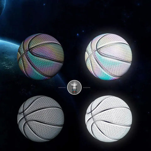 Balón de baloncesto holográfico glow con diseño estrellado arcoíris e iridiscente para la iluminación en la cancha