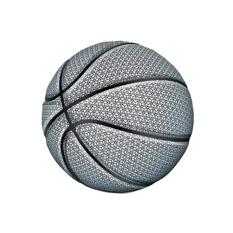 Balón de baloncesto holográfico glow plateado con patrón hexagonal geométrico y costuras negras para la iluminación en la cancha electronica
