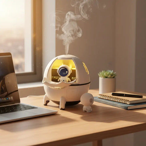Humidificador ultrasónico silencioso en forma de astronauta blanco con luz LED amarilla y vapor