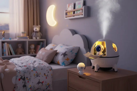 Humidificador ultrasónico silencioso en forma de robot blanco y amarillo con ojos LED y vapor
