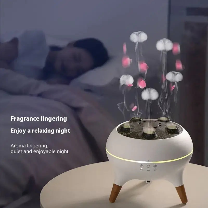 Difusor ultrasónico de aroma blanco con vapor en forma de medusa, electrónica y iluminación precisa