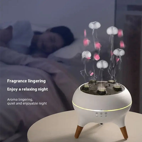 Difusor ultrasónico de aroma blanco con vapor en forma de medusa, electrónica y iluminación precisa