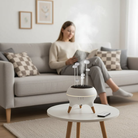 Mujer leyendo en el sofá con un humidificador ultrasónico blanco sobre la mesa emitiendo vapor y luz suave