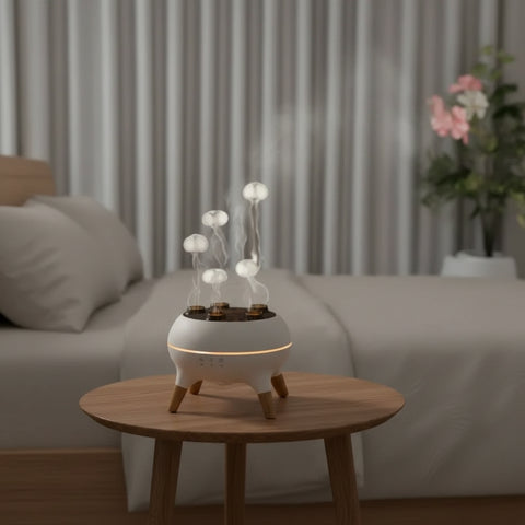 Humidificador ultrasónico blanco con patas de madera en una mesita auxiliar de salón nórdico, vapor suave saliendo