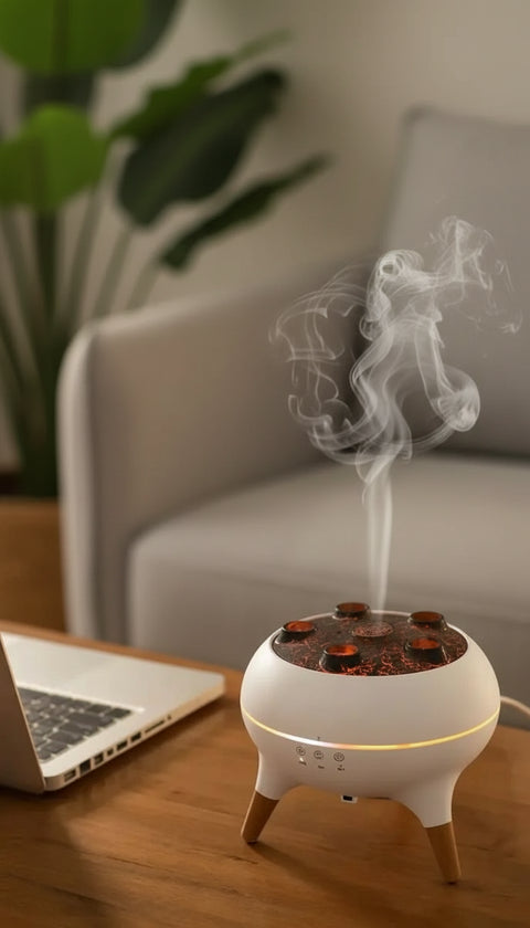 Humidificador ultrasónico electrónico con iluminación y patas de madera para ambientes saludables