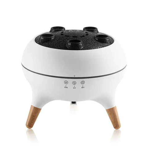 Difusor de aromas ultrasónico blanco y negro con patas de madera, ideal para electrónica, iluminación y audio