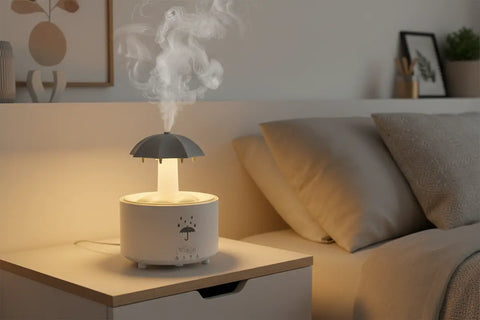 Humidificador y difusor de aceites esenciales blanco con diseño de gotas de lluvia