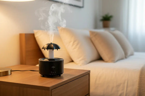 Difusor y humidificador de aceites esenciales en negro cilíndrico con niebla