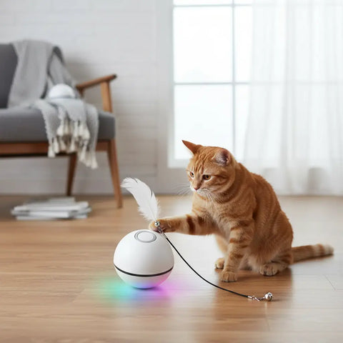 Juguete electrónico interactivo para gatos: esfera blanca con pluma y luces LED