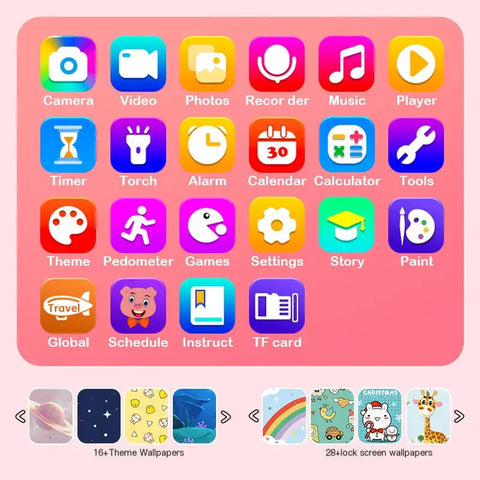 Pantalla táctil del KiddoCall™️ infantil rosa unicornio con interfaz colorida y apps