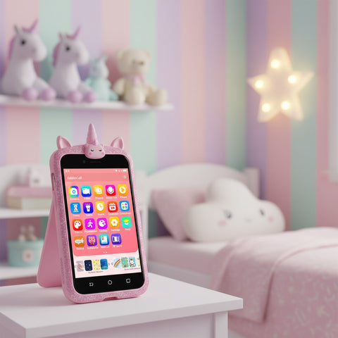 Teléfono unicornio infantil KiddoCall sobre mesita de noche en habitación infantil