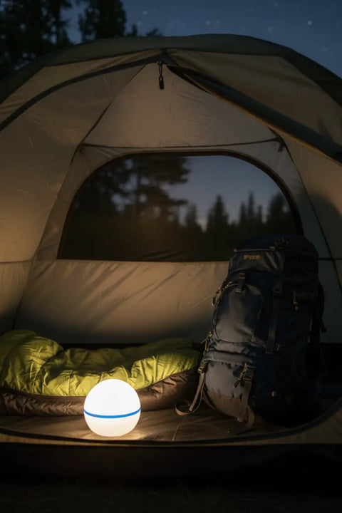 Lámpara LED de camping iluminando el interior de una tienda de campaña por la noche.