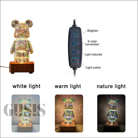 Lámpara LED de vidrio Bearbrick con fuegos artificiales RGB 3D ENVÍO GRATIS - 3color A / USB Plug - lampara oso led