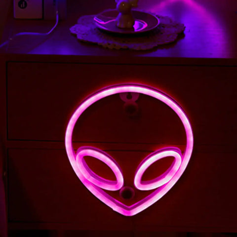 Neon light en forma de cara de alienígena rosa, LED Neon Light para decoración moderna