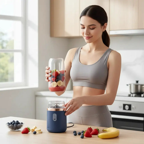 Mujer preparando un batido con licuadora portátil azul en una cocina luminosa.